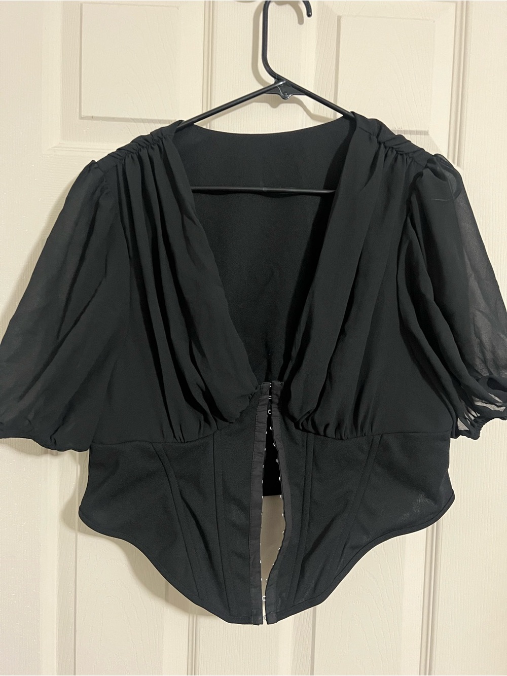 SHEIN Black V-Neck Puff Sleeve Corset Blouse